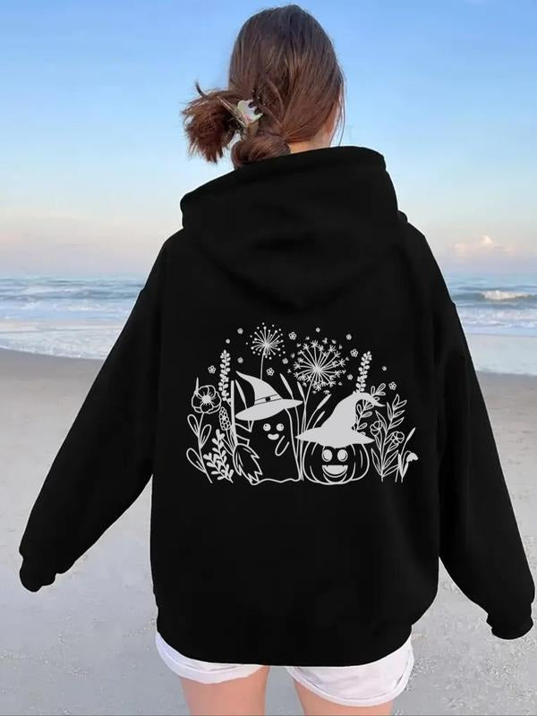 Women's Cartoon  Ghost & Plants Print Drop Shoulder Hoodie, Fashion Casual Drawstring Pocket Hooded Sweatshirt for Daily...