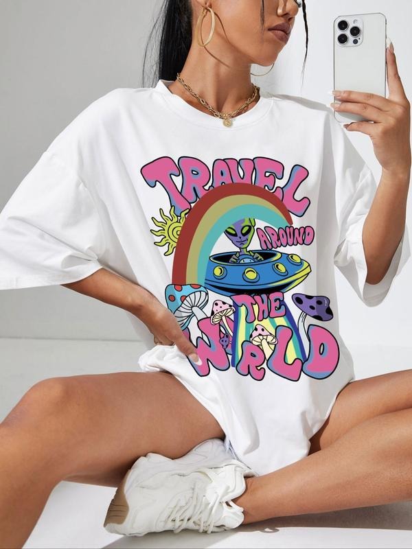 Women's Cartoon Alien & Letter Print Drop Shoulder Tee, Street Casual Comfy Crew Neck Half Sleeve T-Shirt, Ladies Clothes...