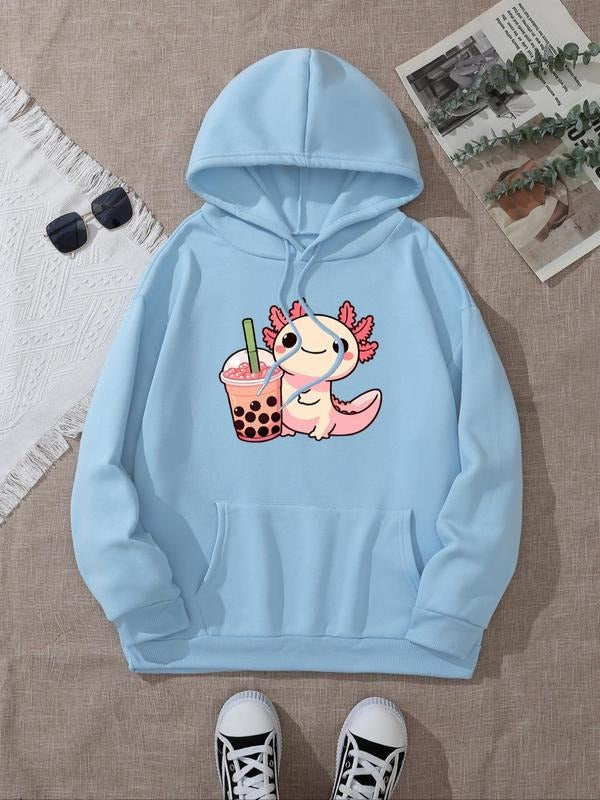 Women's Cartoon Animal & Bubble Tea Print Hoodie, Fashion Casual Long Sleeve Hooded Sweatshirt for Daily Holiday Outdoor...
