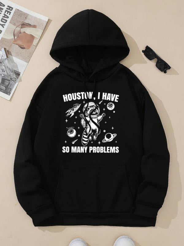 Women's Cartoon Animal & Letter Print Drawstring Hoodie, Casual Long Sleeve Hooded Sweatshirt for Fall & Winter, Women's...