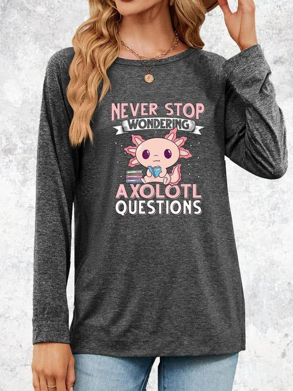 Women's Cartoon Animal & Letter Print Round Neck Tee, Fashion Casual Crew Neck Long Sleeve T-Shirt For Daily Holiday...