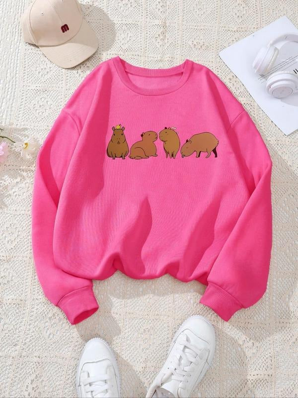 Women's Cartoon Animal Print Crew Neck Sweatshirt, Casual Long Sleeve Pullover for Fall & Winter, Women's Clothes for...