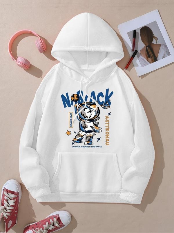 Women's Cartoon Astronaut & Letter Print Drop Shoulder Hoodie, Fashion Casual Drawstring Pocket Hooded Sweatshirt for...