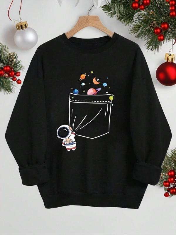 Women's Cartoon Astronaut Print Drop Shoulder Sweatshirt, Casual Long Sleeve Round Neck Pullover for Fall & Winter,...