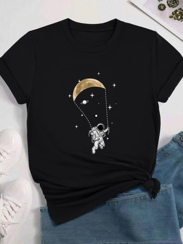 Cartoon Astronaut Print Round Neck Casual Short Sleeve Crew Neck Daily Clothes All Seasons Top T-Shirts, Hoodie, Sweatshirt