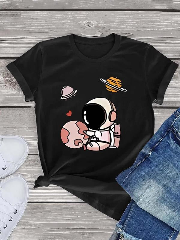 Women's Cartoon Astronaut Print Round Neck Tee, Fashion Casual Short Sleeve T-shirt, Ladies Summer Clothes for Daily Wear...