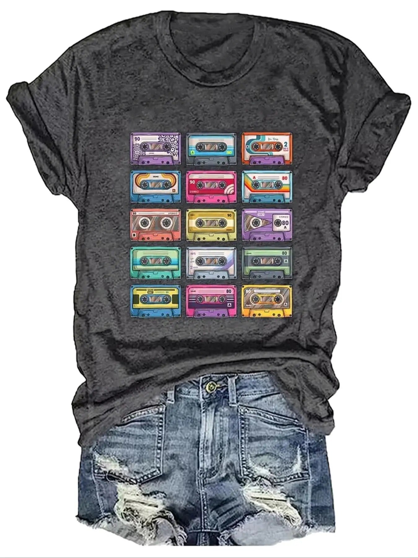 Women's Cartoon Audio Tape Print Round Neck Tee, Vintage Short Sleeve Crew Neck T-Shirt, Fashion Women's Top for Daily...