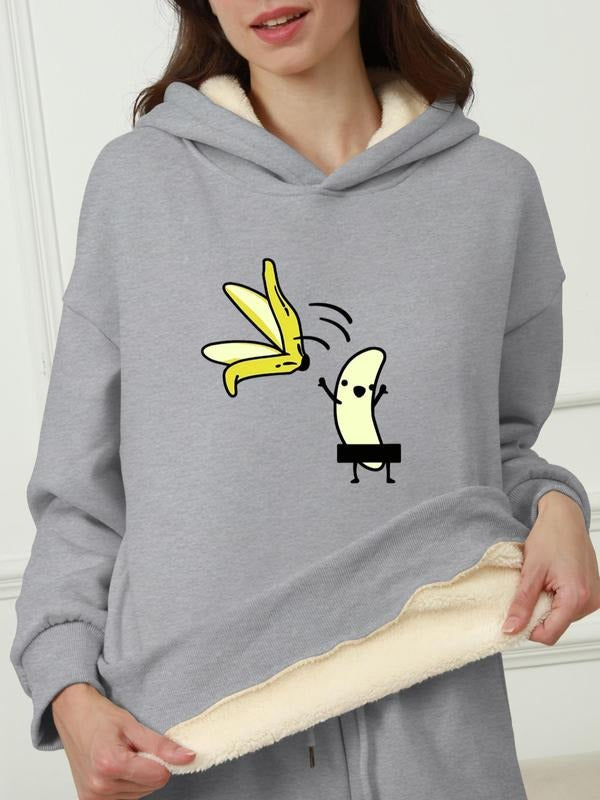 Women's Cartoon Banana Print Drop Shoulder Hoodie, Fashion Casual Long Sleeve Hooded Sweatshirt for Daily Holiday Outdoor...