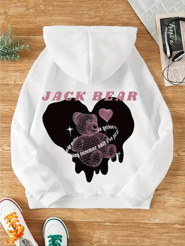 Women's Cartoon Bear & Heart Print Drop Shoulder Hoodie, Fashion Casual Drawstring Pocket Hooded Sweatshirt for Daily...