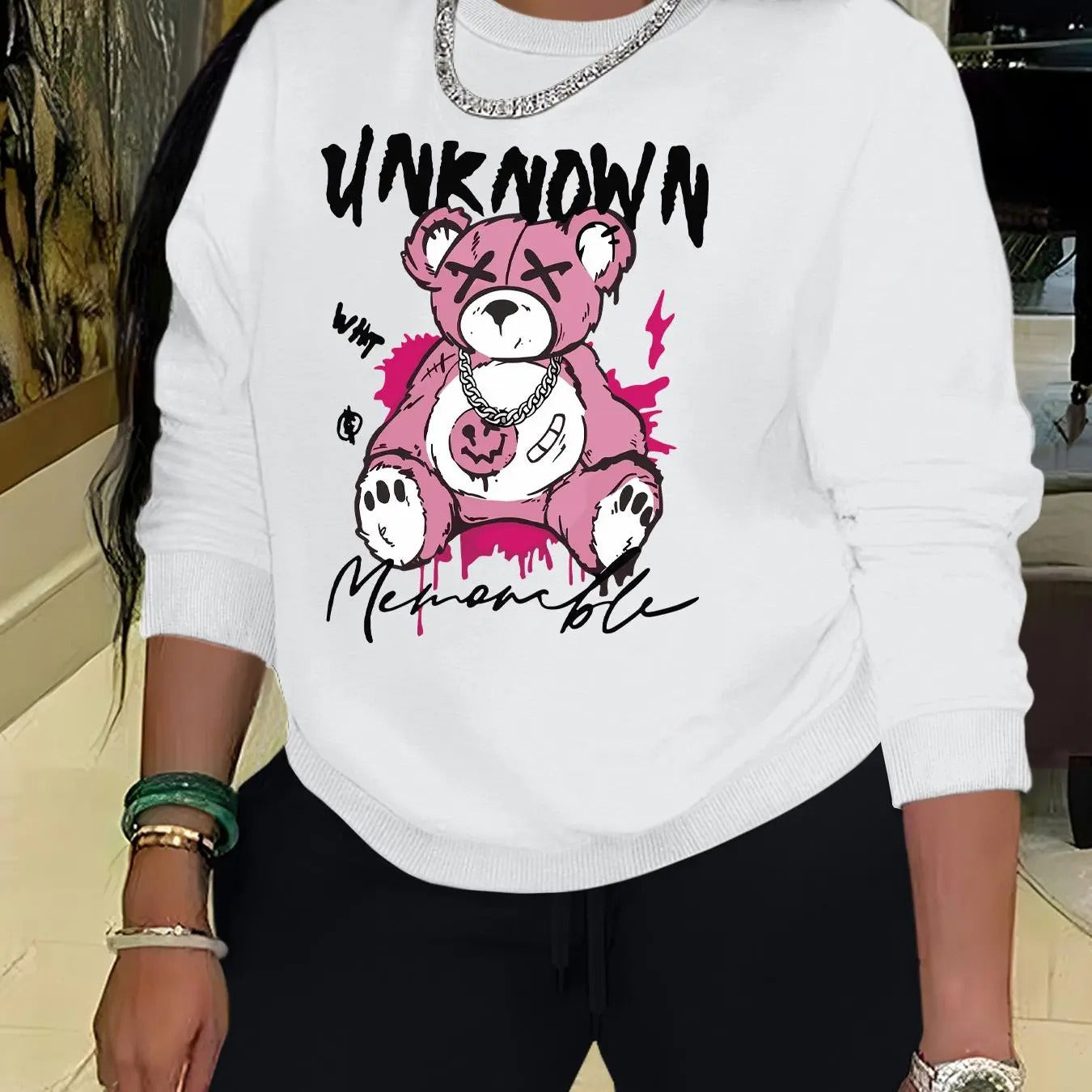 Women's Cartoon Bear & Letter Print Crew Neck Sweatshirt, Fashion Casual Long Sleeve Pullover for Daily Wear, Ladies Fall...