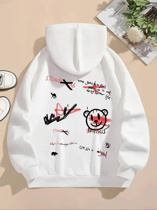Women's Cartoon Bear & Letter Print Drawstring Hoodie, Fashion Casual Hooded Sweatshirt for Daily Holiday Outdoor Wear,...