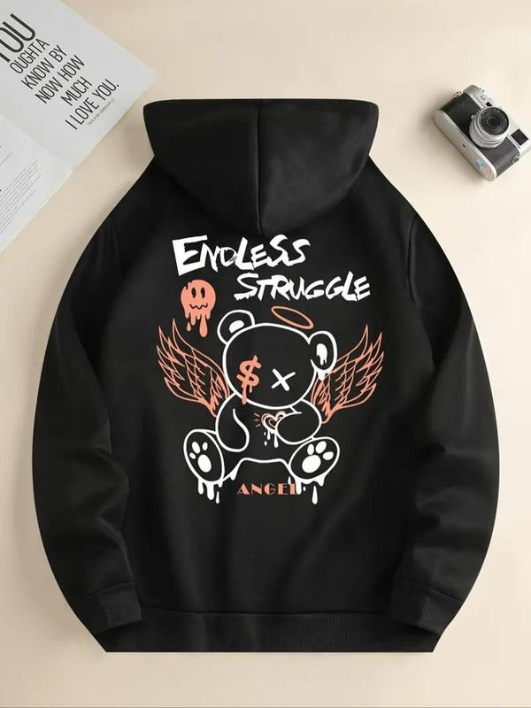 Women's Cartoon Bear & Letter Print Drawstring Pocket Hoodie, Fashion Casual Hooded Sweatshirt for Daily Holiday Outdoor...