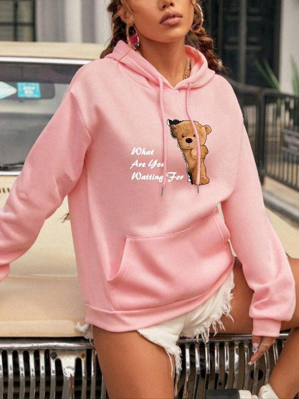 Women's Cartoon Bear & Letter Print Drop Shoulder Hoodie, Casual Long Sleeve Drawstring Pocket Hooded Sweatshirt, Ladies...