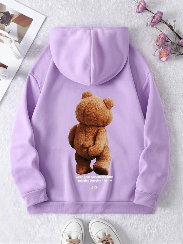 Women's Cartoon Bear & Letter Print Drop Shoulder Hoodie, Cute Drawstring Pocket Hooded Sweatshirt for Daily Holiday...