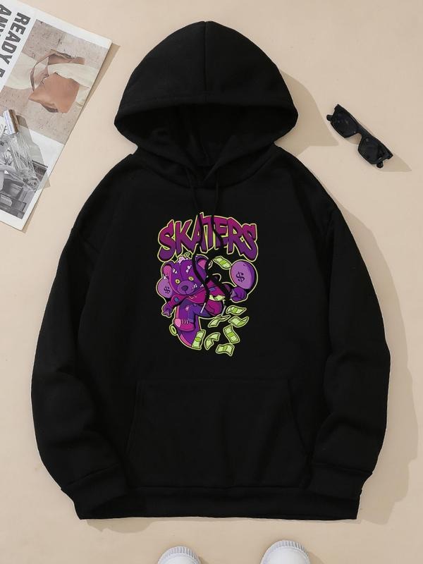 Women's Cartoon Bear & Letter Print Drop Shoulder Hoodie, Fashion Casual Drawstring Kangaroo Pocket Hooded Sweatshirt for...