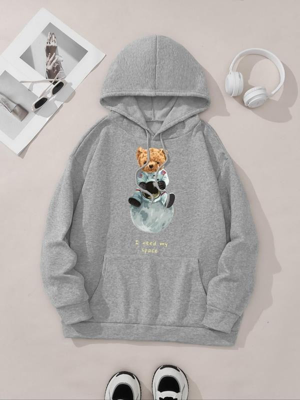 Women's Cartoon Bear & Letter Print Drop Shoulder Hoodie, Fashion Casual Drawstring Pocket Hooded Sweatshirt for Daily...