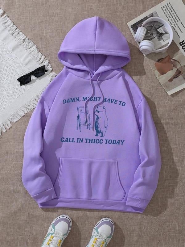 Women's Cartoon Bear & Letter Print Drop Shoulder Hoodie, Fashion Casual Drawstring Pocket Hooded Sweatshirt for Daily...
