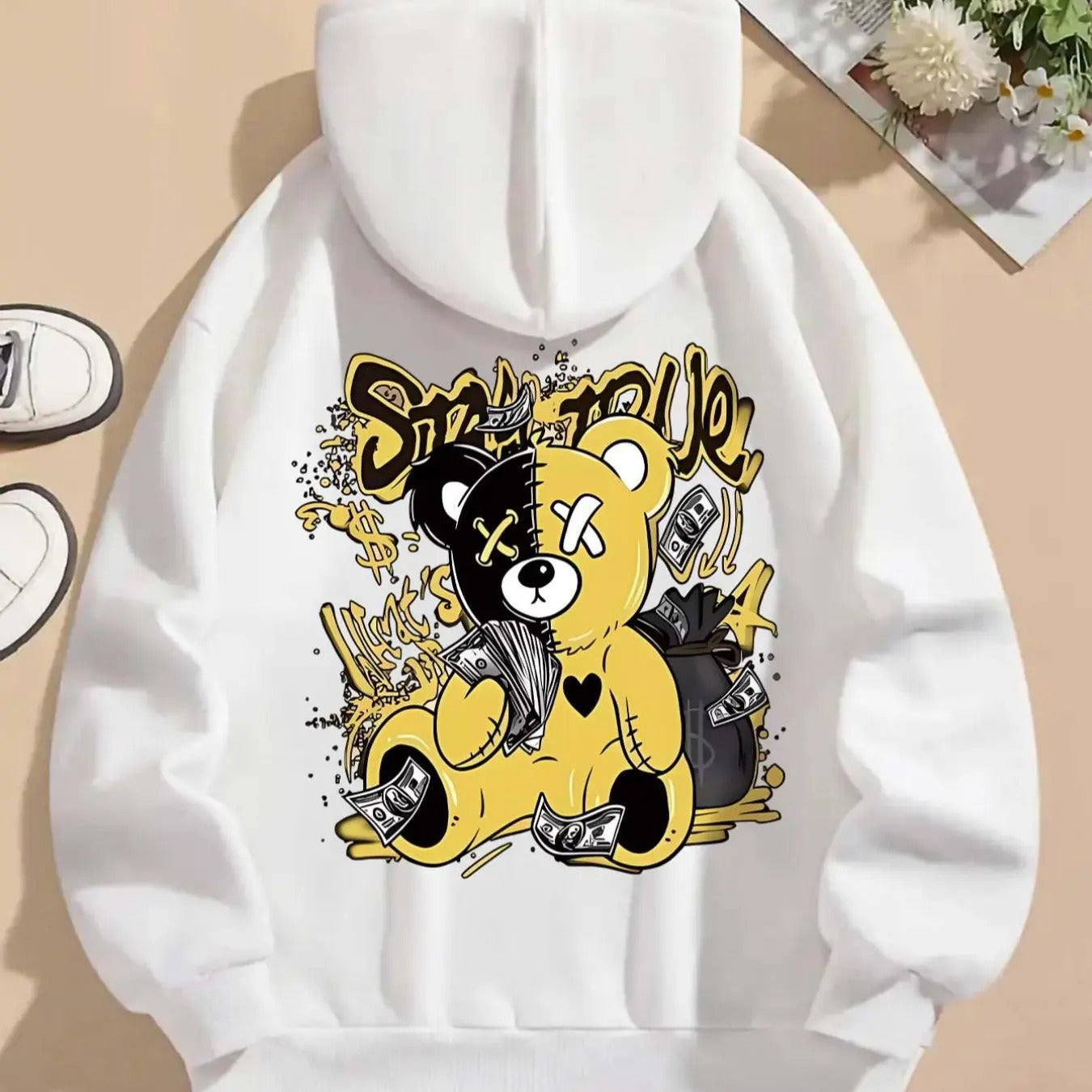 Women's Cartoon Bear & Letter Print Drop Shoulder Hoodie, Fashion Casual Drawstring Pocket Hooded Sweatshirt for Daily...