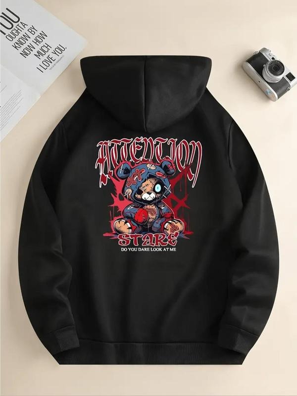 Women's Cartoon Bear & Letter Print Drop Shoulder Hoodie, Fashion Casual Drawstring Pocket Hooded Sweatshirt for Daily...