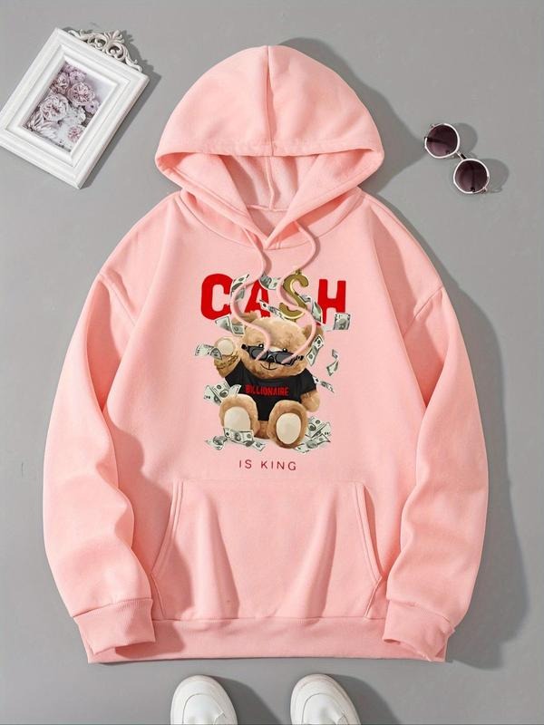 Women's Cartoon Bear & Letter Print Drop Shoulder Hoodie, Fashion Casual Drawstring Pocket Hooded Sweatshirt for Daily...