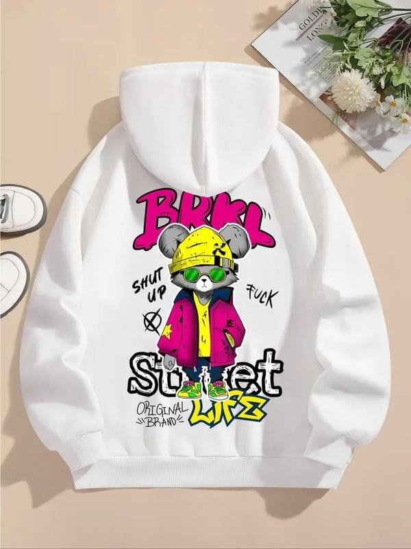 Women's Cartoon Bear & Letter Print Drop Shoulder Hoodie, Fashion Casual Drawstring Pocket Hooded Sweatshirt for Daily...