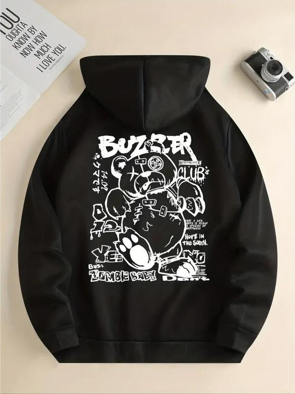 Women's Cartoon Bear & Letter Print Drop Shoulder Hoodie, Fashion Casual Drawstring Pocket Hooded Sweatshirt for Daily...