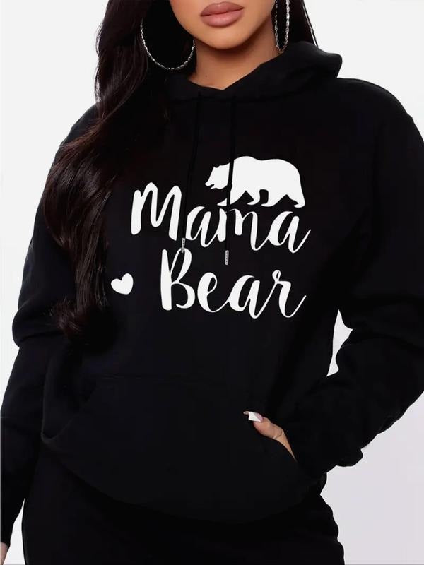 Women's Cartoon Bear & Letter Print Drop Shoulder Hoodie, Fashion Casual Drawstring Pocket Hooded Sweatshirt for Daily...