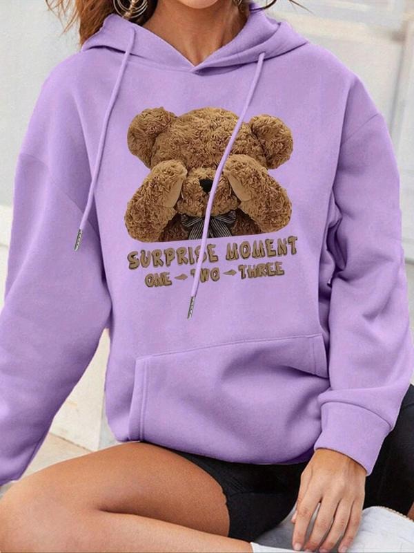 Women's Cartoon Bear & Letter Print Drop Shoulder Hoodie, Fashion Casual Drawstring Pocket Hooded Sweatshirt for Daily...