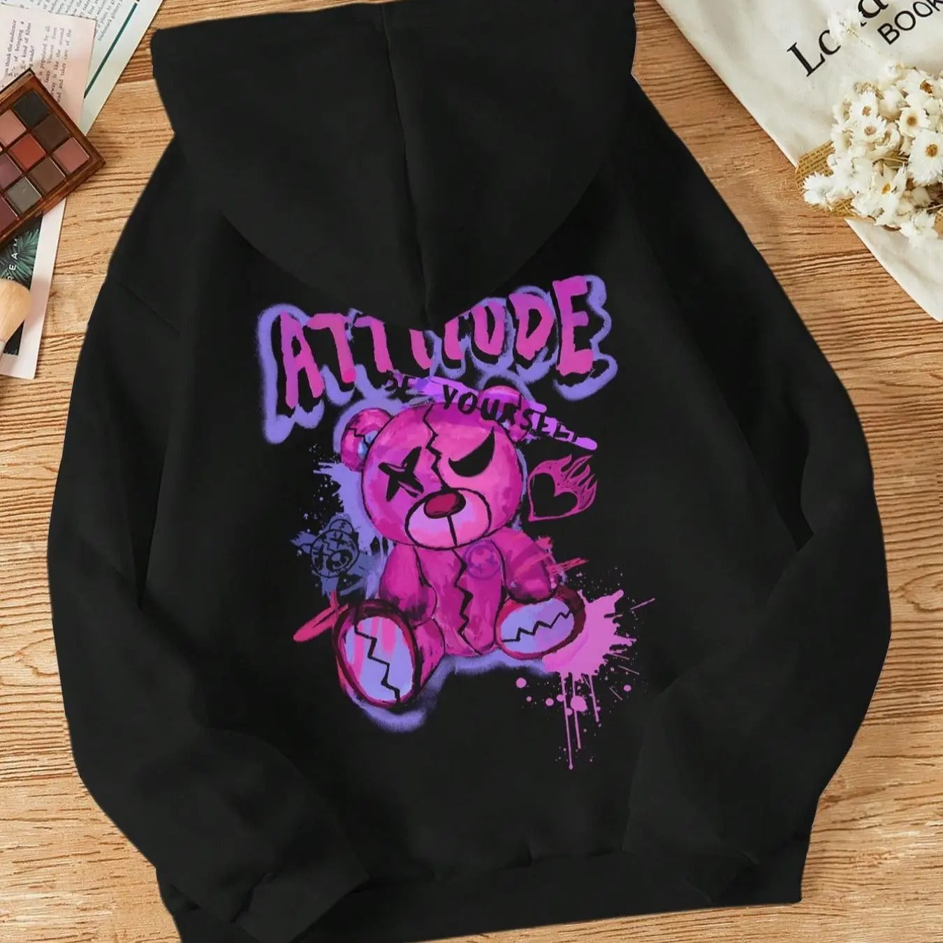 Women's Cartoon Bear & Letter Print Drop Shoulder Hoodie, Street Kangaroo Pocket Drawstring Hooded Sweatshirt for Daily...