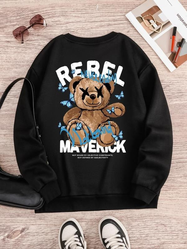 Women's Cartoon Bear & Letter Print Drop Shoulder Sweatshirt, Casual Long Sleeve Round Neck Pullover for Fall & Winter,...