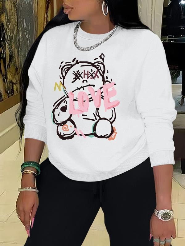 Women's Cartoon Bear & Letter Print Drop Shoulder Sweatshirt, Fashion Casual Crew Neck Long Sleeve Pullover for Daily...