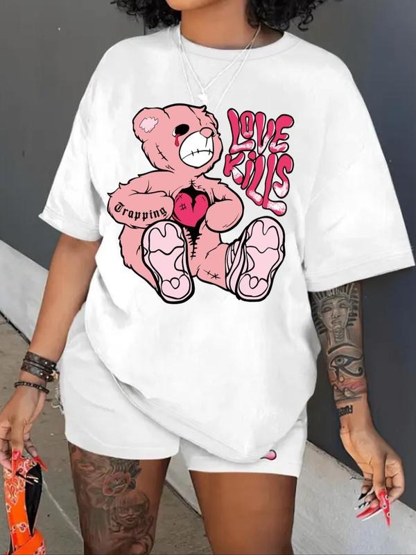 Women's Cartoon Bear & Letter Print Drop Shoulder Tee, Casual Comfy Half Sleeve Round Neck T-Shirt for Daily Wear,...