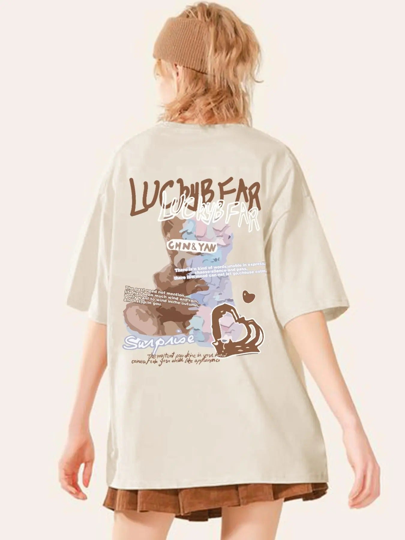 Women's Cartoon Bear & Letter Print Drop Shoulder Tee, Street Fashion Casual Round Neck Half Sleeve T-Shirt for Daily...