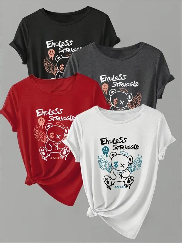 Women's Cartoon Bear & Letter Print Round Neck Tee, Casual Short Sleeve T-Shirt for Fall & Winter, Women's Top for Daily...