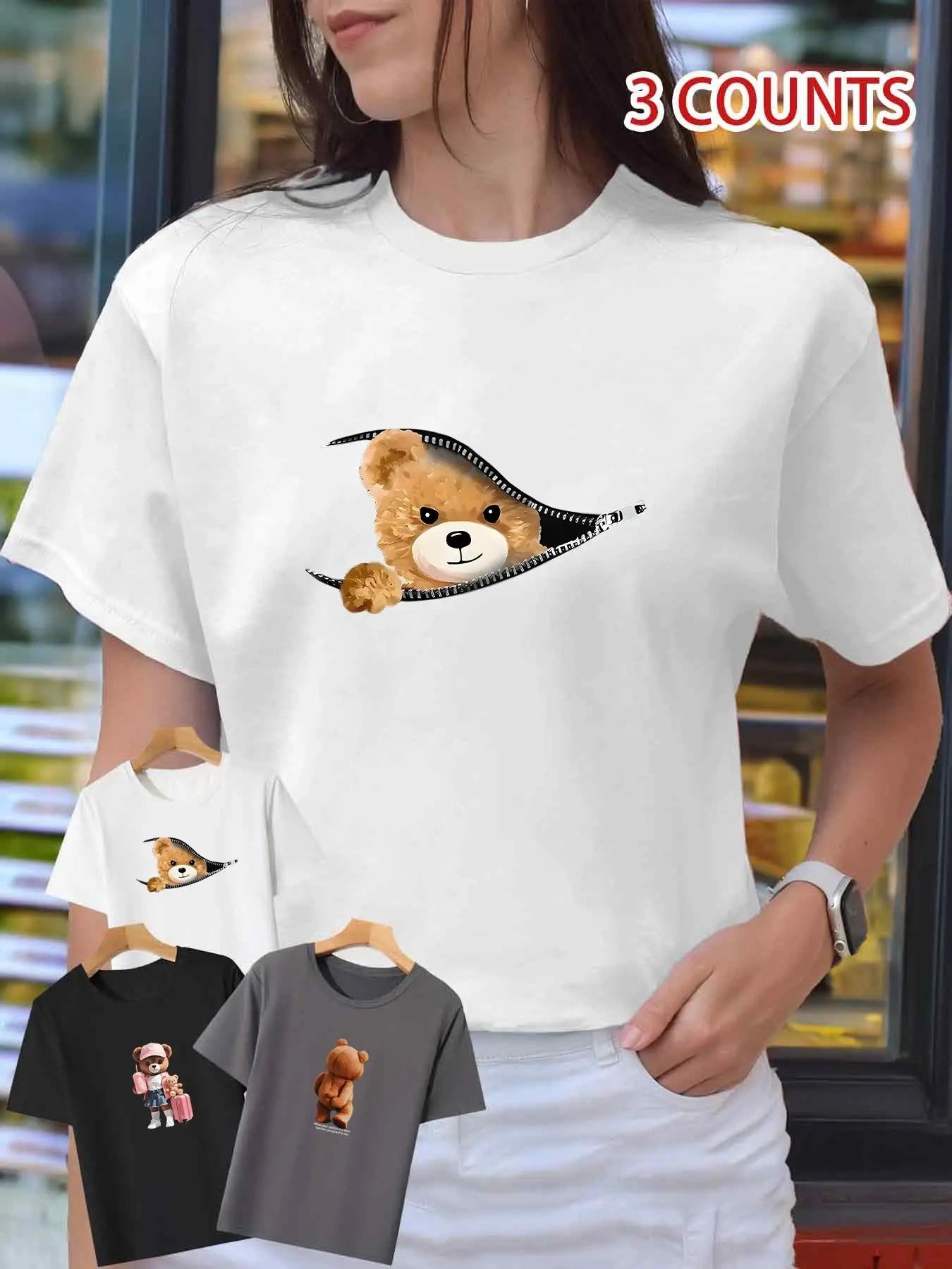 Women's Cartoon Bear & Letter Print Round Neck Tee, Casual Short Sleeve T-shirt for Spring & Summer, Ladies Clothes for...