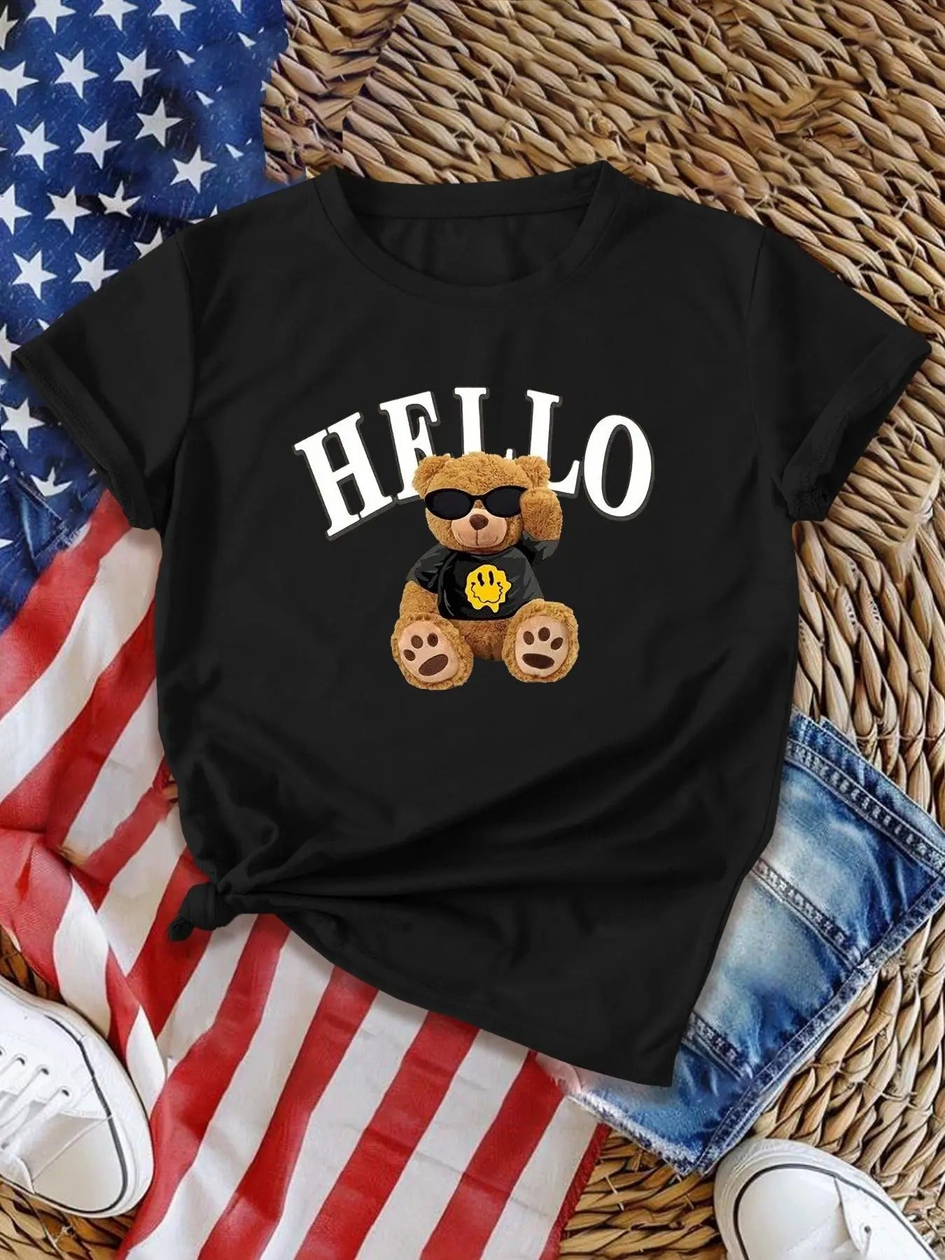 Women's Cartoon Bear & Letter Print Round Neck Tee, Cute Short Sleeve T-shirt for Daily Wear, Casual Crew Neck Top for...
