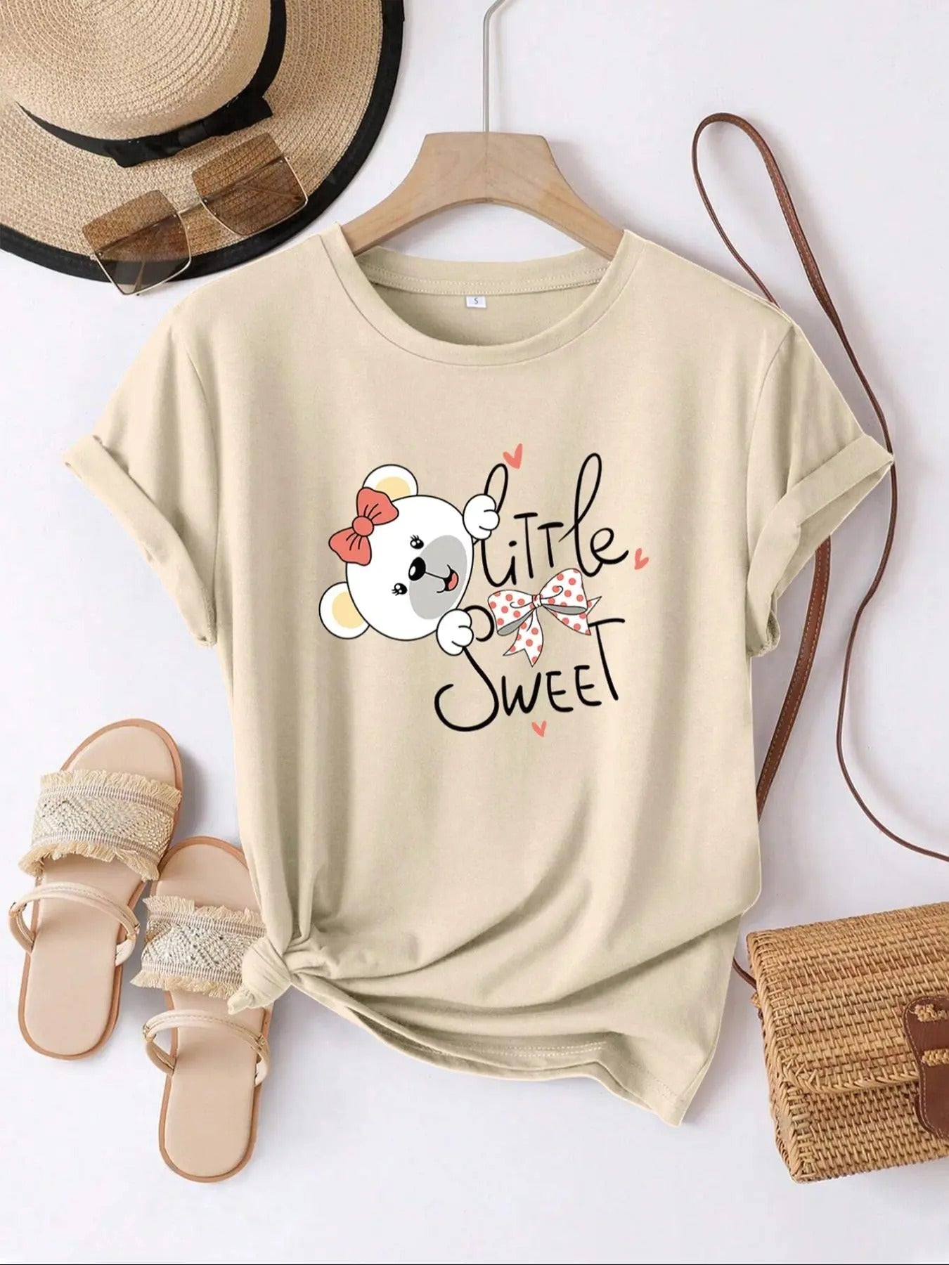 Women's Cartoon Bear & Letter Print Round Neck Tee, Cute Short Sleeve T-shirt for Daily Wear, Casual Women's Top for All...
