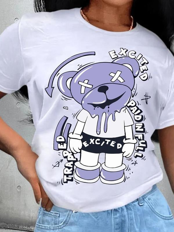 Cartoon Bear & Letter Print Round Neck Casual Crew Neck Daily Vacation Outdoor Clothes All Seasons T-Shirts, Hoodie, Sweatshirt