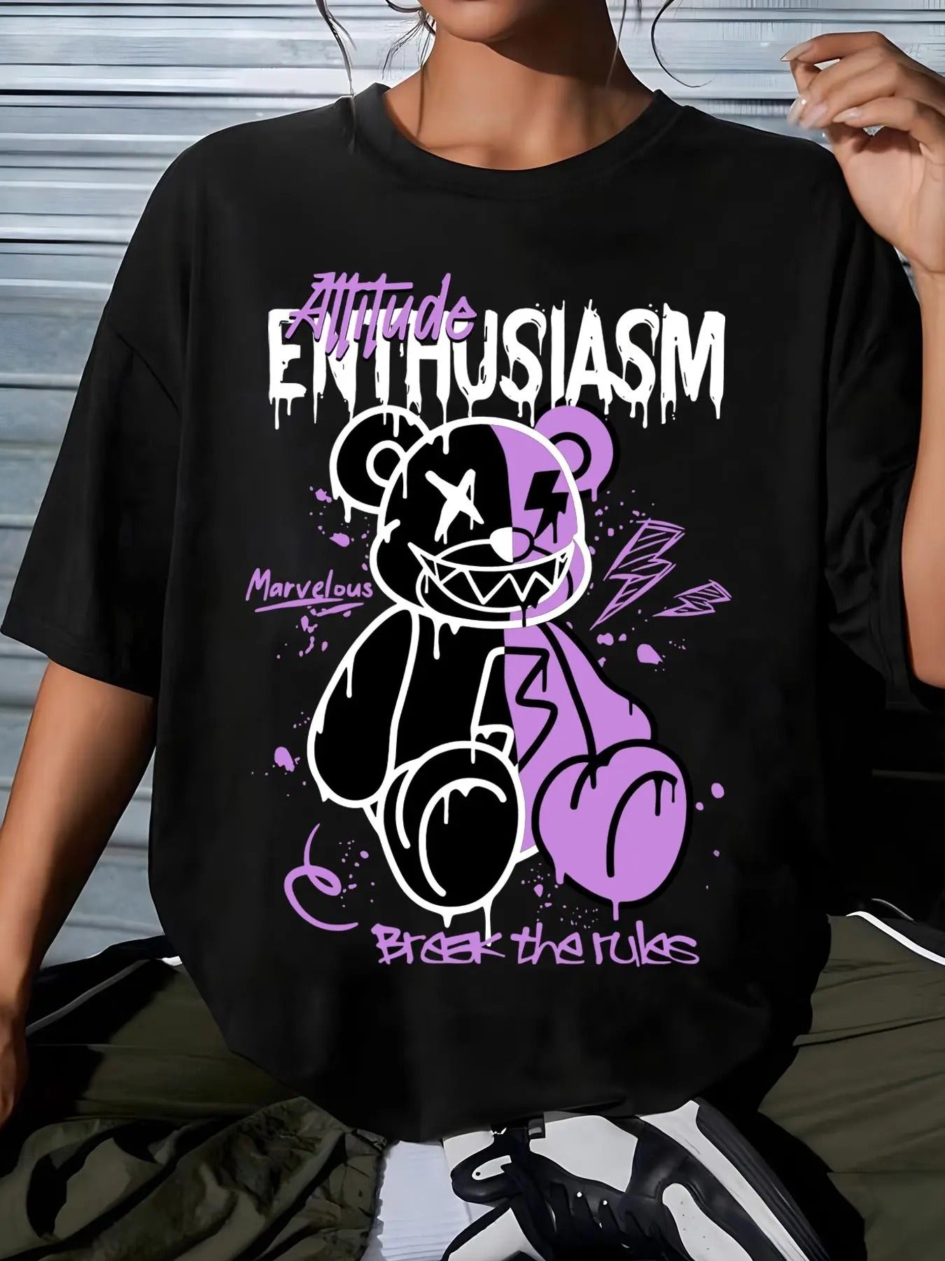 Women's Cartoon Bear & Letter Print Round Neck Tee, Fashion Casual Crew Neck T-Shirt for Daily Holiday Vacation Outdoor...