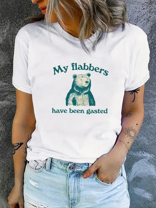 Women's Cartoon Bear & Letter Print Round Neck Tee, Fashion Casual Crew Neck T-Shirt for Daily Holiday Vacation Outdoor...