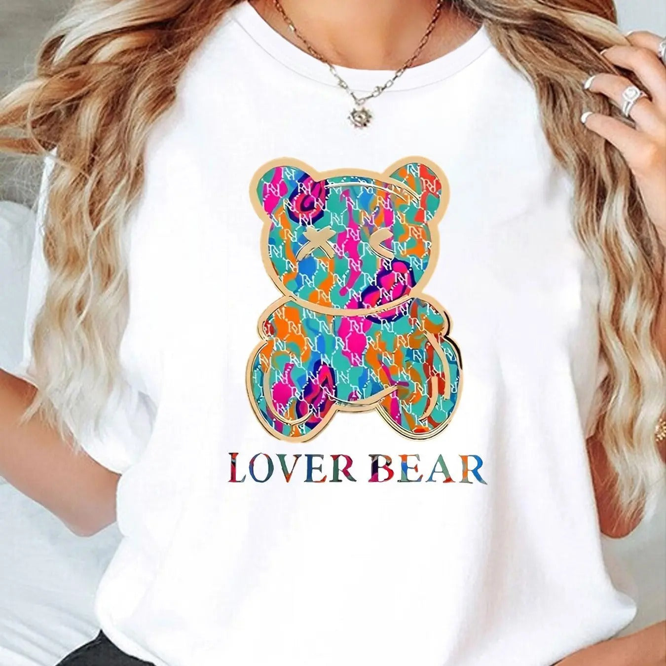 Women's Cartoon Bear & Letter Print Round Neck Tee, Fashion Casual Short Sleeve Crew Neck T-shirt for Daily Holiday...