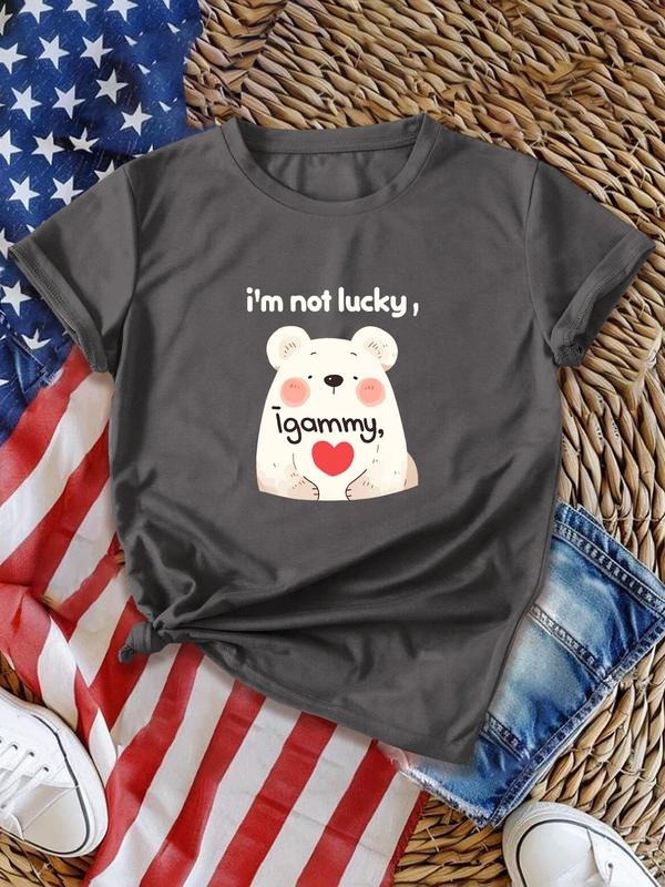 Women's Cartoon Bear & Letter Print Tee, Cute Crew Neck Short Sleeve T-Shirt, Ladies All Seasons Clothes Hoodie, Sweatshirt