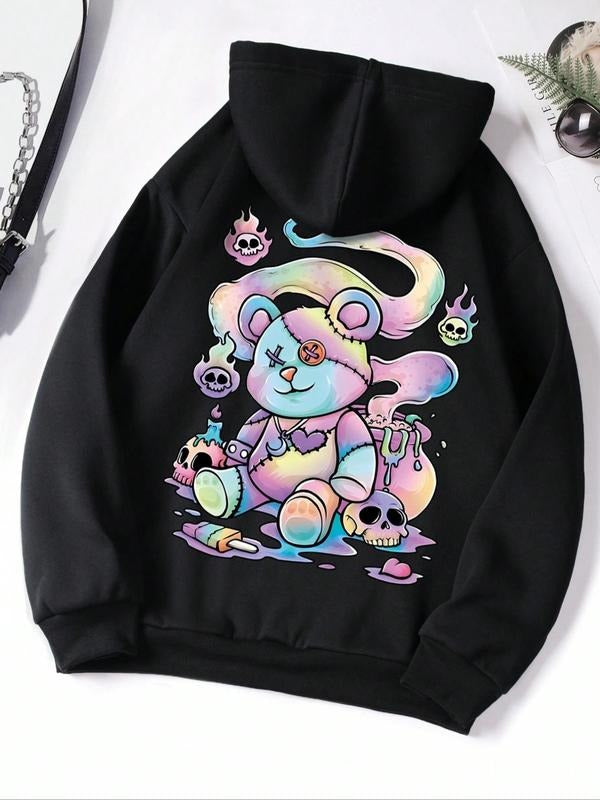 Women's Cartoon Bear & Skull Print Drop Shoulder Hoodie, Fashion Casual Drawstring Pocket Hooded Sweatshirt for Daily...