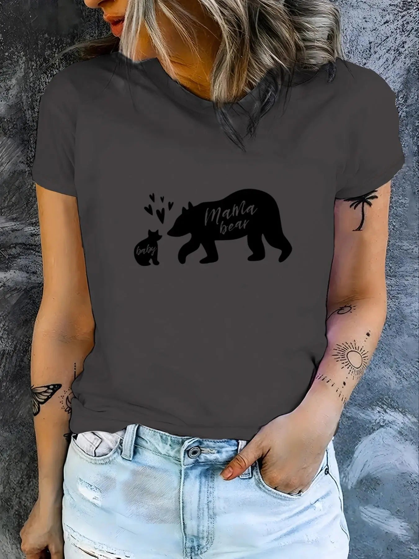Women's Cartoon Bear  Print Round Neck Tee, Cute Short Sleeve T-shirt for Daily Wear, Ladies Clothes for All Seasons...