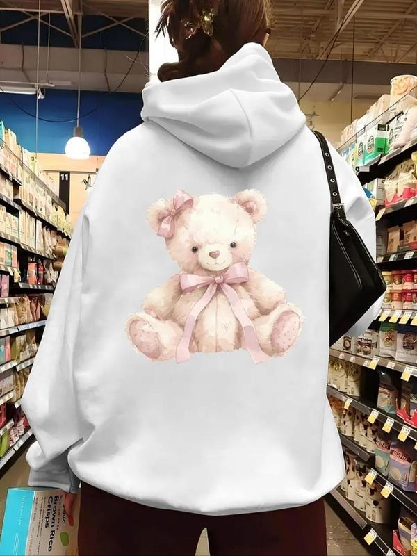 Women's Cartoon Bear Print Drawstring Hoodie, 1 Count Fashion Casual Hooded Sweatshirt for Daily Holiday Outdoor Wear,...