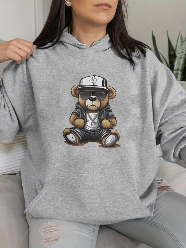 Women's Cartoon Bear Print Drop Shoulder Drawstring Hoodie, Fashion Casual Pocket Hooded Sweatshirt For Daily Wear,...