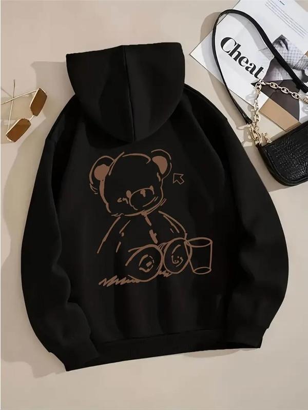 Women's Cartoon Bear Print Drop Shoulder Hoodie, Fashion Casual Drawstring Pocket Hooded Sweatshirt for Daily Holiday...