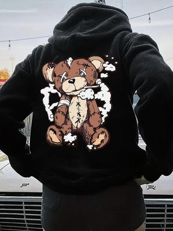 Women's Cartoon Bear Print Drop Shoulder Hoodie, Fashion Casual Drawstring Pocket Hooded Sweatshirt for Daily Holiday...