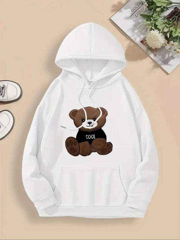 Women's Cartoon Bear Print Drop Shoulder Hoodie, Fashion Casual Drawstring Pocket Hooded Sweatshirt for Daily Holiday...