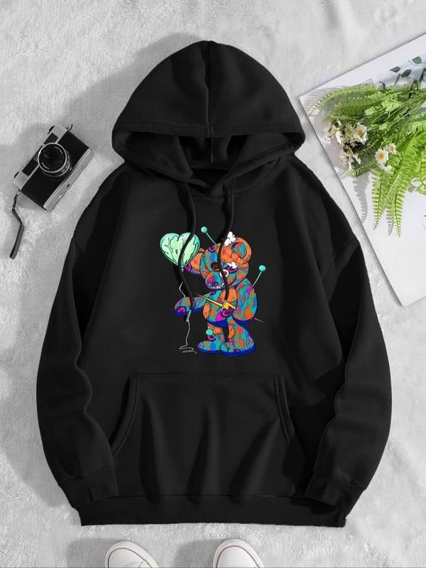 Women's Cartoon Bear Print Drop Shoulder Hoodie, Fashion Casual Drawstring Pocket Hooded Sweatshirt for Daily Holiday...
